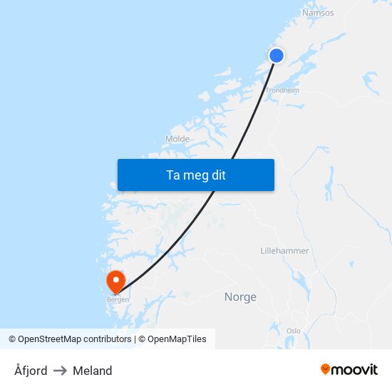 Åfjord to Meland map