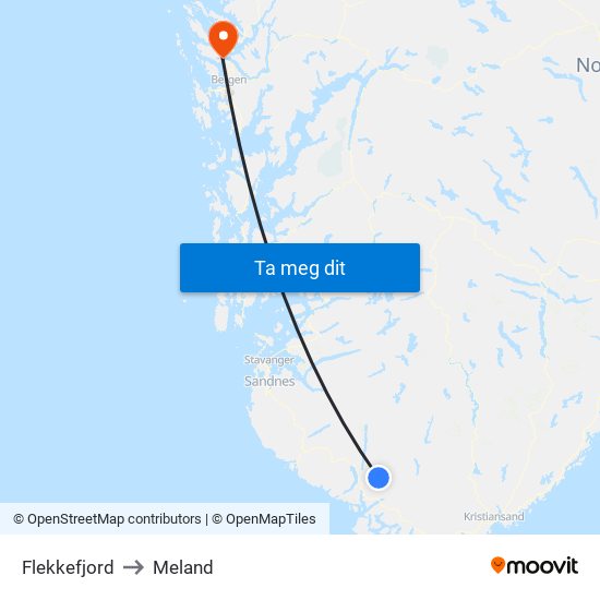 Flekkefjord to Meland map