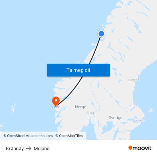 Brønnøy to Meland map