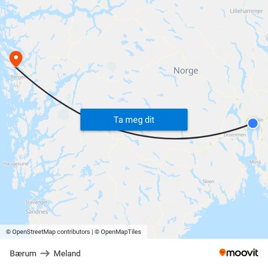 Bærum to Meland map