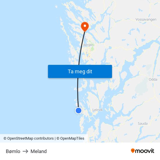 Bømlo to Meland map