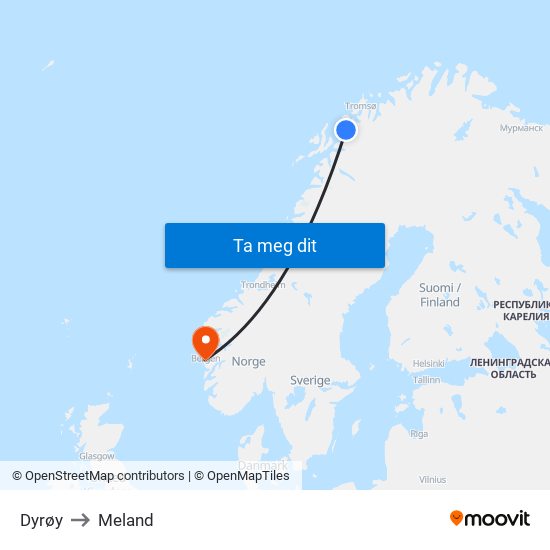 Dyrøy to Meland map