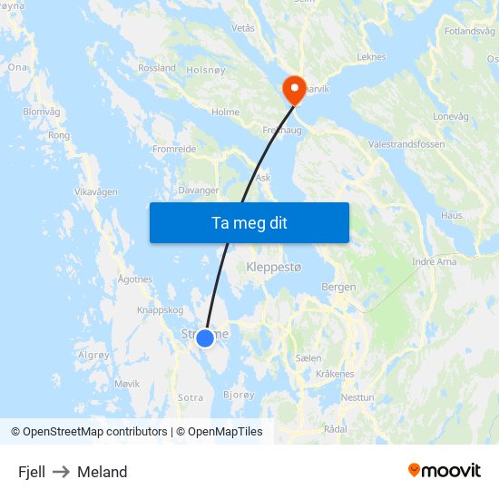 Fjell to Meland map