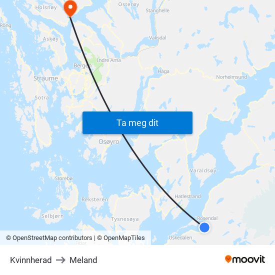 Kvinnherad to Meland map