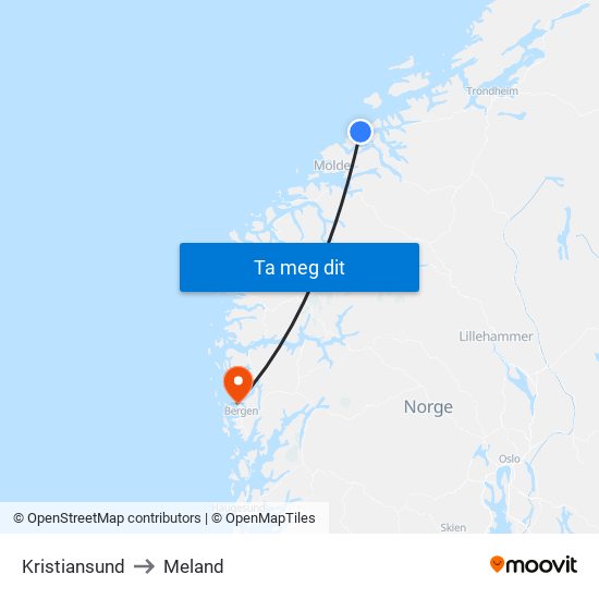 Kristiansund to Meland map