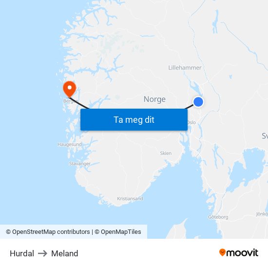 Hurdal to Meland map
