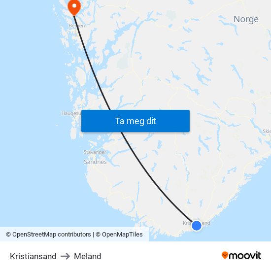 Kristiansand to Meland map