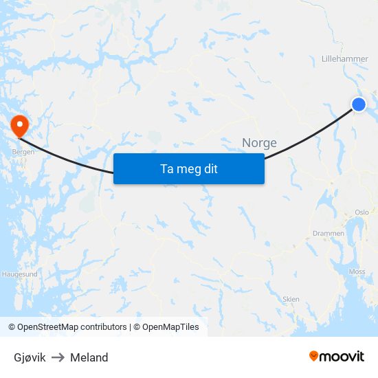 Gjøvik to Meland map