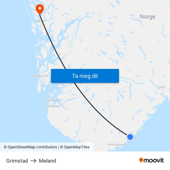 Grimstad to Meland map