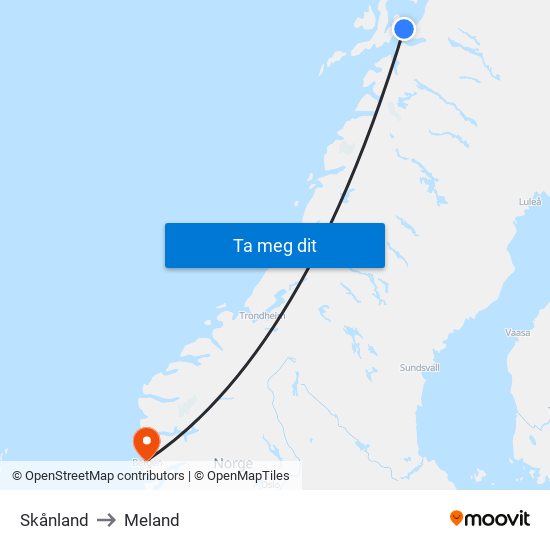 Skånland to Meland map