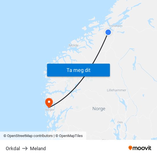 Orkdal to Meland map