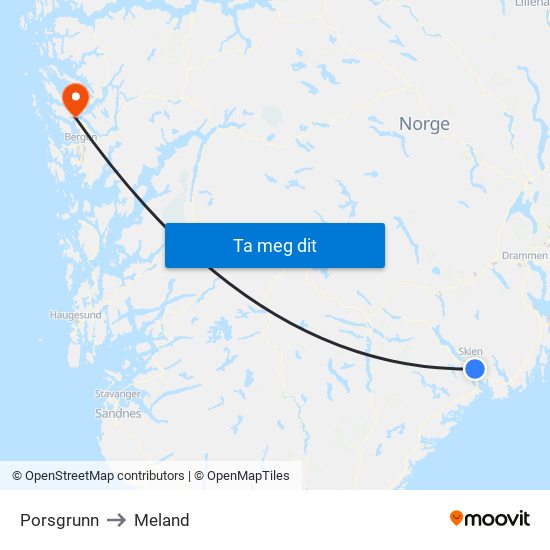 Porsgrunn to Meland map