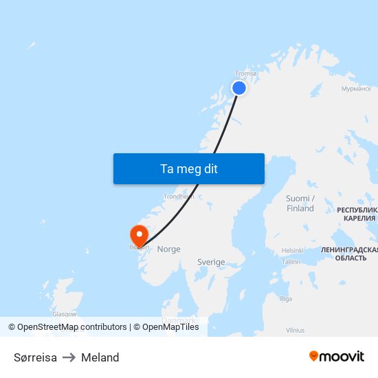 Sørreisa to Meland map