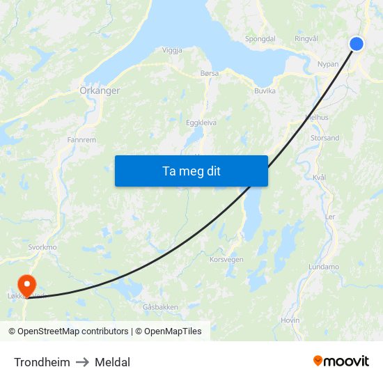 Trondheim to Meldal map