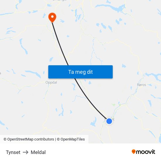 Tynset to Meldal map