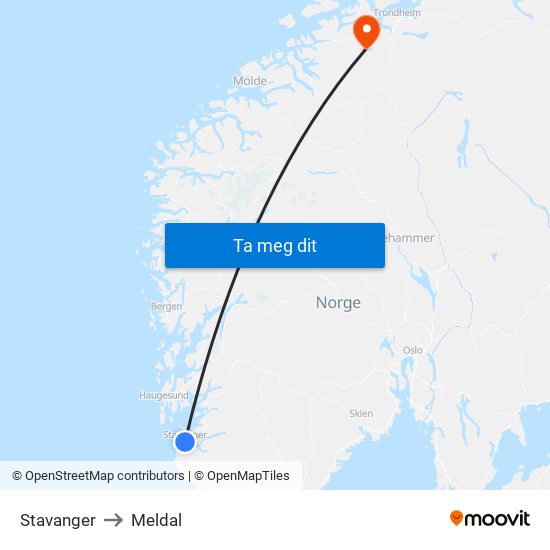 Stavanger to Meldal map
