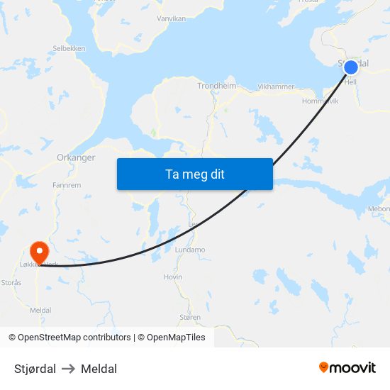 Stjørdal to Meldal map