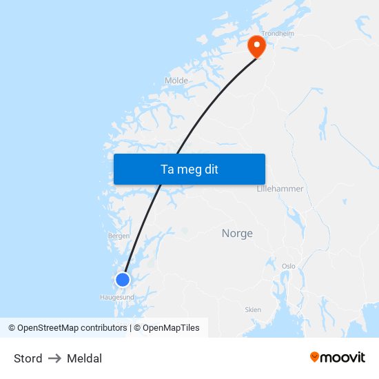 Stord to Meldal map