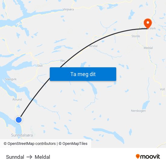 Sunndal to Meldal map