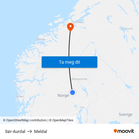 Sør-Aurdal to Meldal map