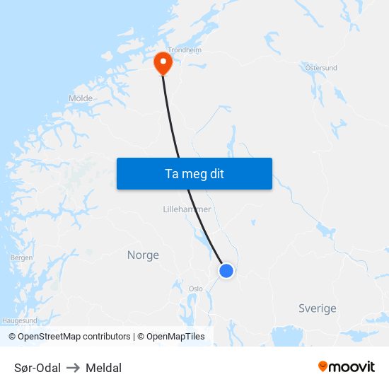 Sør-Odal to Meldal map