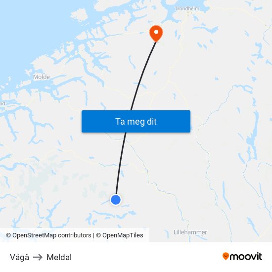 Vågå to Meldal map