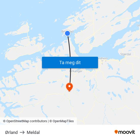 Ørland to Meldal map