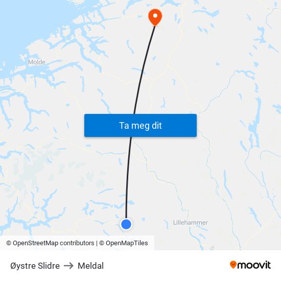 Øystre Slidre to Meldal map
