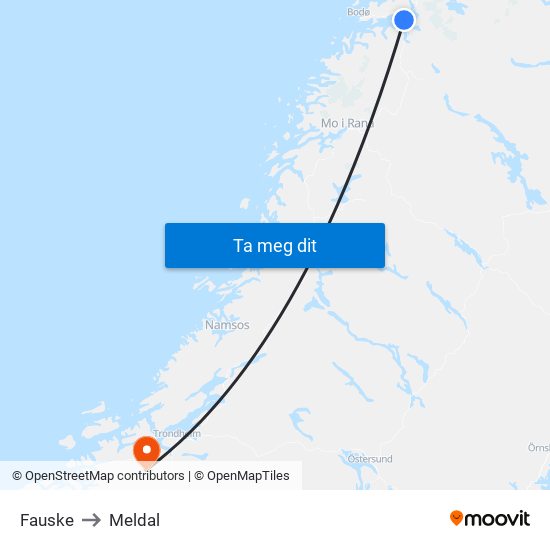 Fauske to Meldal map