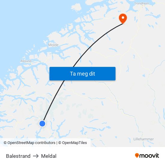 Balestrand to Meldal map