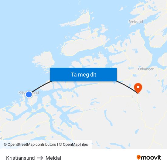 Kristiansund to Meldal map