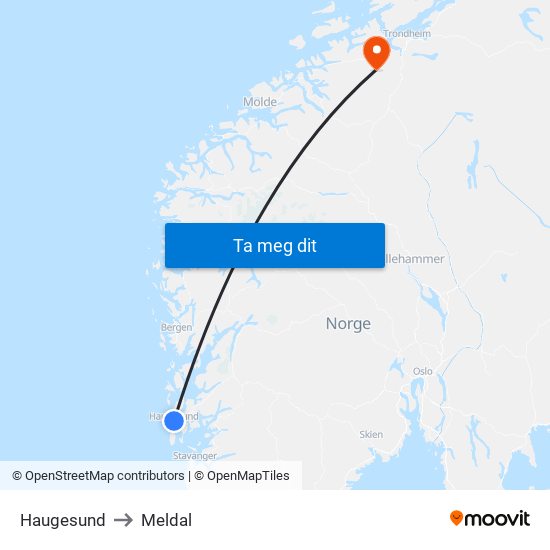 Haugesund to Meldal map