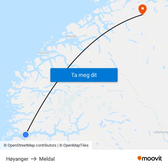 Høyanger to Meldal map