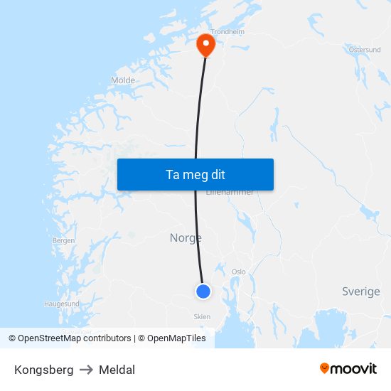 Kongsberg to Meldal map