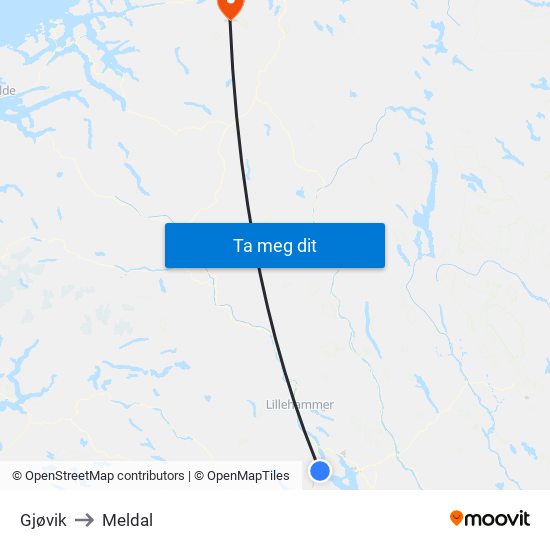 Gjøvik to Meldal map