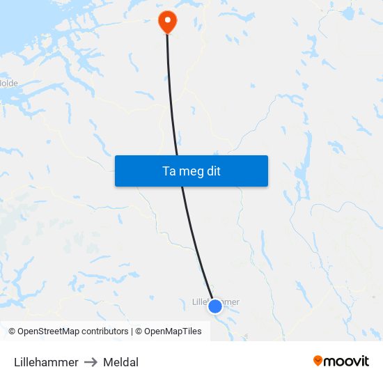 Lillehammer to Meldal map