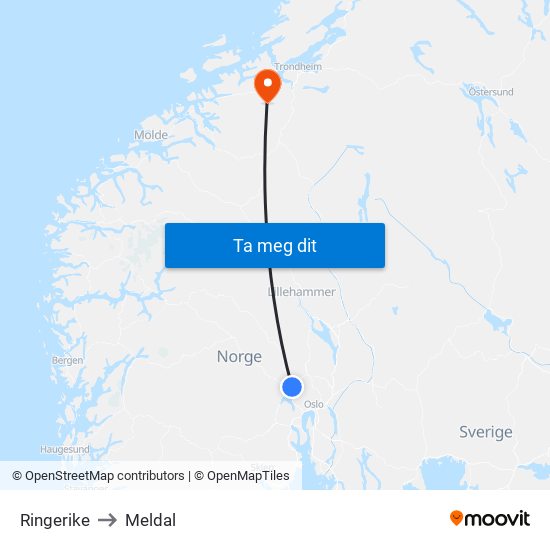 Ringerike to Meldal map