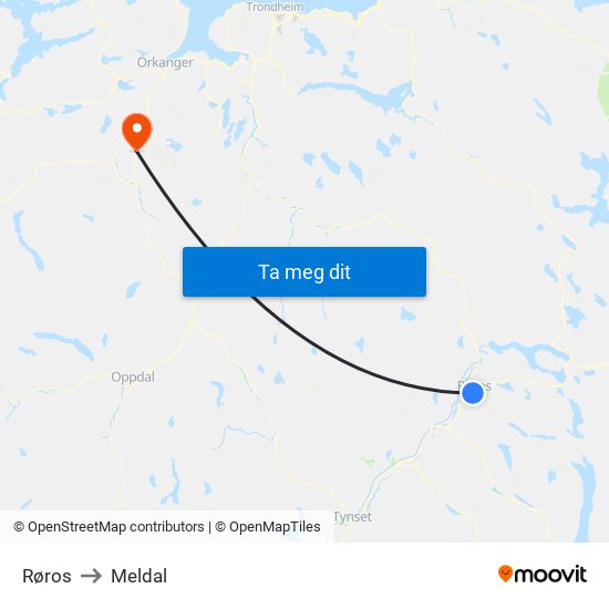 Røros to Meldal map