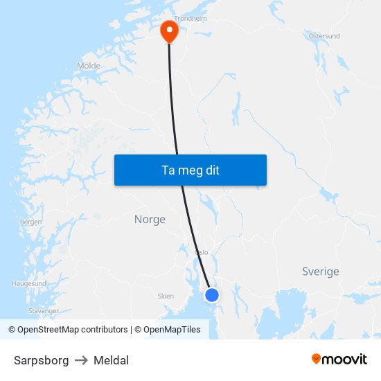 Sarpsborg to Meldal map