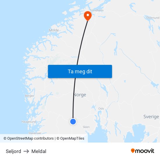 Seljord to Meldal map