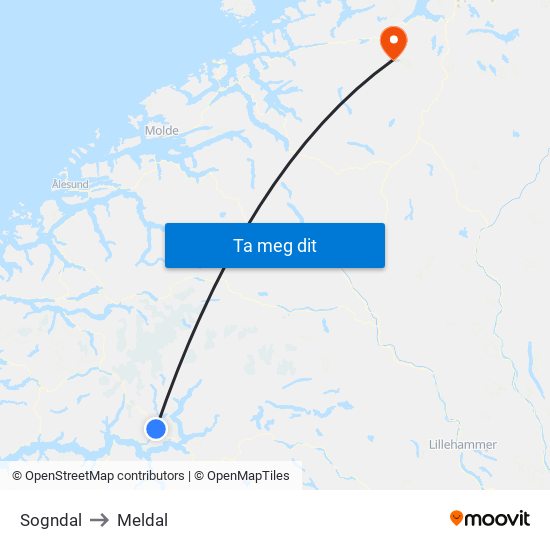 Sogndal to Meldal map