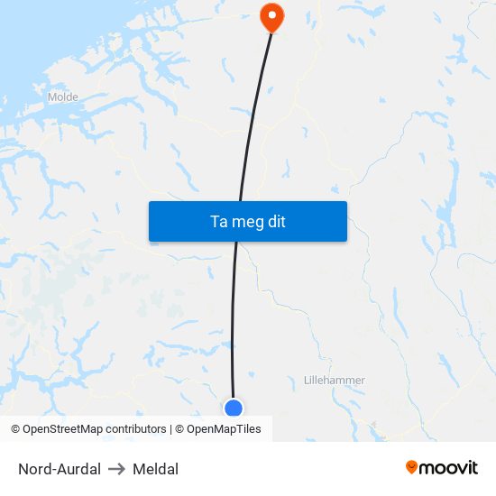 Nord-Aurdal to Meldal map