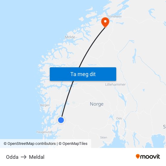 Odda to Meldal map