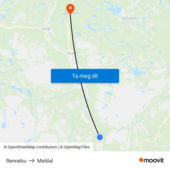 Rennebu to Meldal map