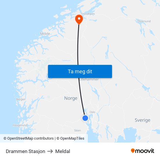 Drammen Stasjon to Meldal map