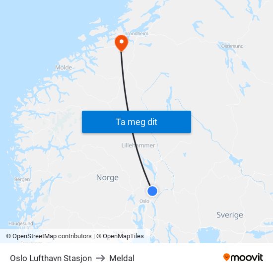 Oslo Lufthavn Stasjon to Meldal map