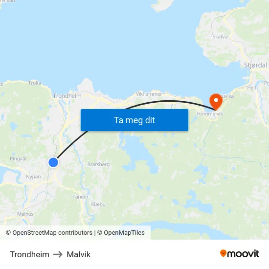 Trondheim to Malvik map