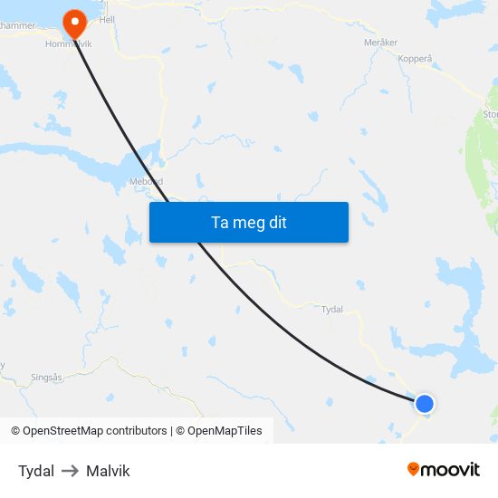 Tydal to Malvik map