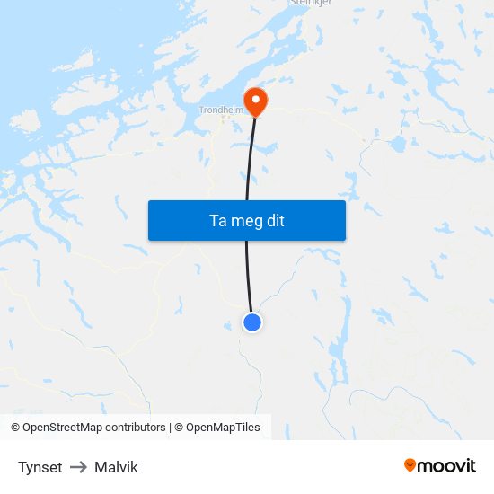 Tynset to Malvik map