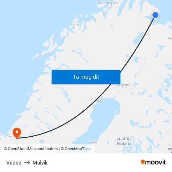 Vadsø to Malvik map